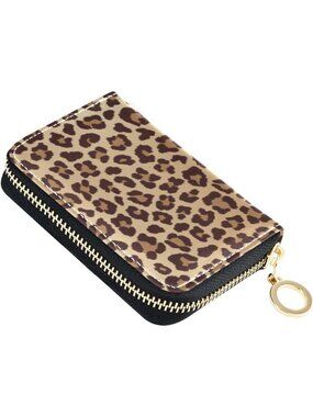 Women's Leopard print RFID Leather Accordion Credit Card Holder Zipper Wallet